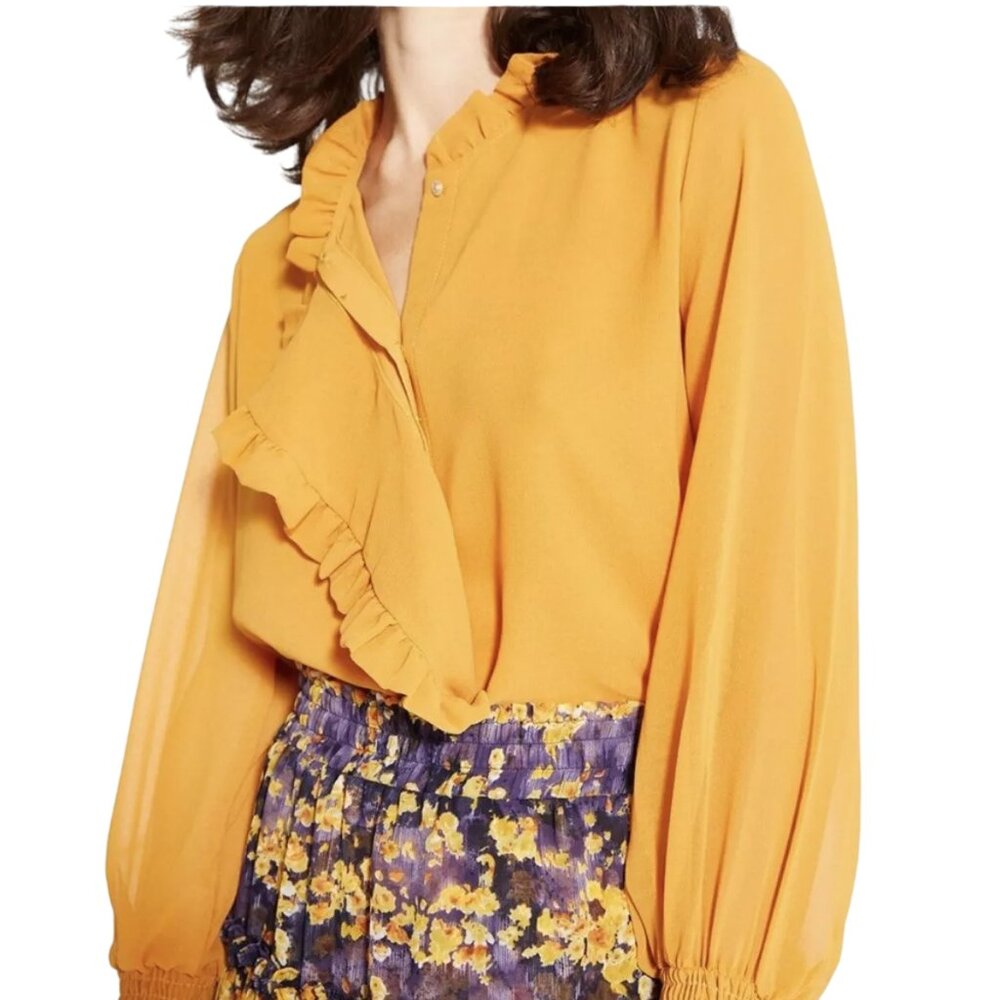 Misa Los Angeles Jacinda Blouse M medium orange mustard ruffle smocked balloon